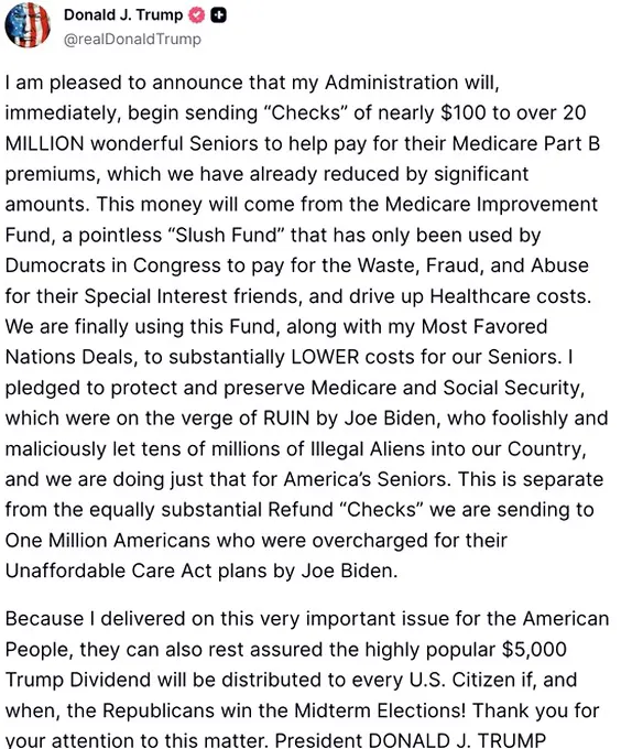 美国总统川普宣布，政府将立即动用联邦医疗保险改善基金（Medicare Improvement Fund），向超过2000万名老年人寄出每人近100美元的支票… · Inty News