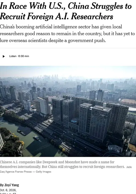 卡内基国际和平基金会最新研究显示，中国放宽签证、增加科研资助后，仍没能让外国顶尖AI研究人员大规模转向中国。2025年，在美国从事AI研究的中国籍或华裔科研人… · Inty News