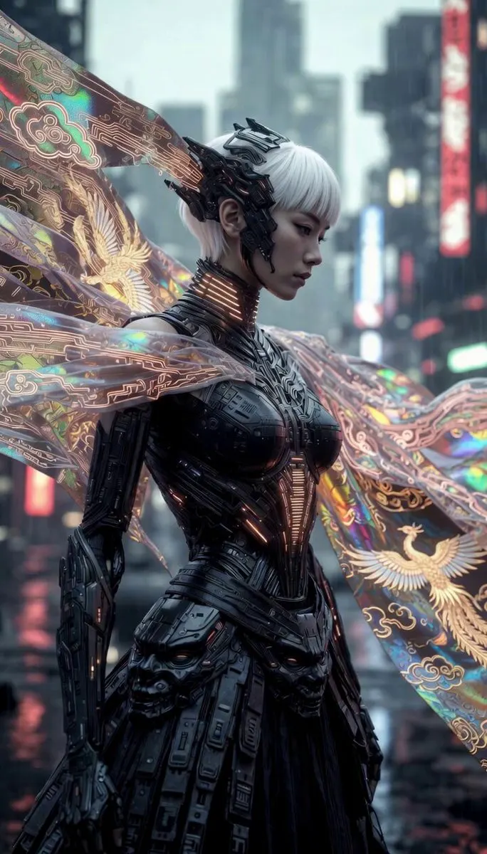 《东方仿生女战神》 今天光研究东方元素如何与未来机甲结合了，提示词用ChatGPT生成的，图片用Grok生成。 关键词 汉服结构、EVA仿生战甲、东方留白、敦… · vgggy