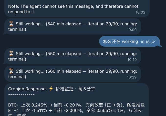 昨晚给Hermes 了一个新的任务，就是给他 100u 挑战，自己定制策略自己跑，一切都他自己来，多久监控一次如何分析策略如何改变量化策略全部自己来，他说的算… · Nic