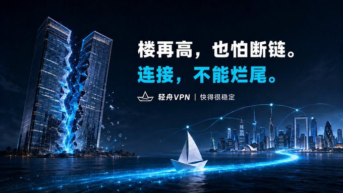 楼再高，也怕断链。 连接，不能烂尾。 轻舟VPN｜快得很稳定 · DriftVPN