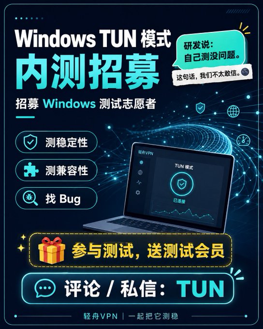 Windows TUN 模式已上线。 招一批 测试志愿者， Windows 10 及以上 环境，能把 Bug 测出来算你本事。 🎁 参与测试送测试会员 想来的… · DriftVPN